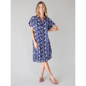 Natural Life Cotton Gauze Midi Shirt Dress Navy Cream Vines‎ Size XS NWT